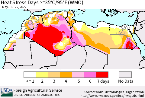North Africa Heat Stress Days >=35°C/95°F (WMO) Thematic Map For 5/16/2022 - 5/22/2022
