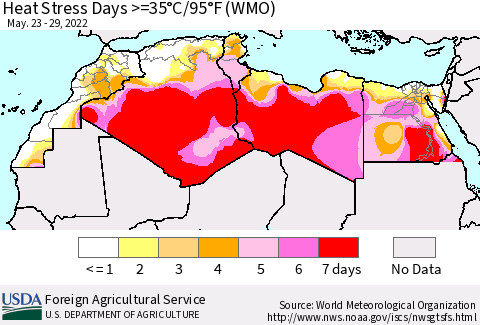 North Africa Heat Stress Days >=35°C/95°F (WMO) Thematic Map For 5/23/2022 - 5/29/2022