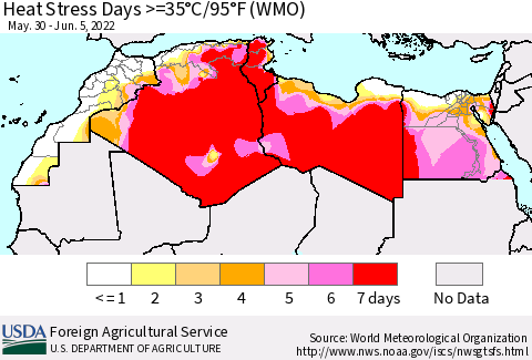 North Africa Heat Stress Days >=35°C/95°F (WMO) Thematic Map For 5/30/2022 - 6/5/2022