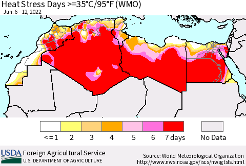 North Africa Heat Stress Days >=35°C/95°F (WMO) Thematic Map For 6/6/2022 - 6/12/2022