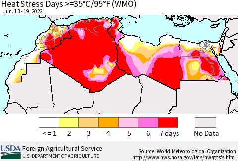 North Africa Heat Stress Days >=35°C/95°F (WMO) Thematic Map For 6/13/2022 - 6/19/2022