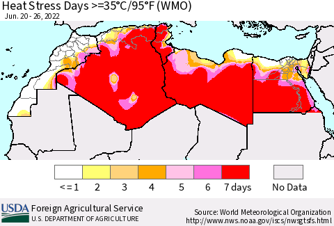 North Africa Heat Stress Days >=35°C/95°F (WMO) Thematic Map For 6/20/2022 - 6/26/2022