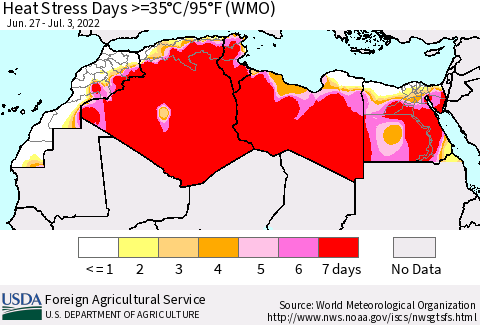North Africa Heat Stress Days >=35°C/95°F (WMO) Thematic Map For 6/27/2022 - 7/3/2022
