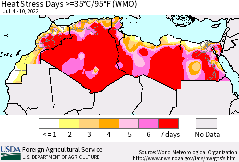 North Africa Heat Stress Days >=35°C/95°F (WMO) Thematic Map For 7/4/2022 - 7/10/2022
