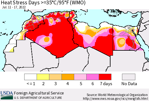 North Africa Heat Stress Days >=35°C/95°F (WMO) Thematic Map For 7/11/2022 - 7/17/2022
