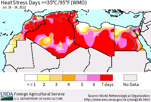 North Africa Heat Stress Days >=35°C/95°F (WMO) Thematic Map For 7/18/2022 - 7/24/2022