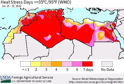 North Africa Heat Stress Days >=35°C/95°F (WMO) Thematic Map For 7/25/2022 - 7/31/2022