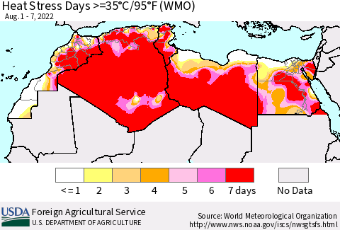 North Africa Heat Stress Days >=35°C/95°F (WMO) Thematic Map For 8/1/2022 - 8/7/2022