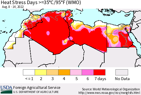 North Africa Heat Stress Days >=35°C/95°F (WMO) Thematic Map For 8/8/2022 - 8/14/2022