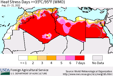 North Africa Heat Stress Days >=35°C/95°F (WMO) Thematic Map For 8/15/2022 - 8/21/2022