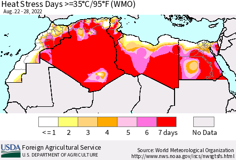 North Africa Heat Stress Days >=35°C/95°F (WMO) Thematic Map For 8/22/2022 - 8/28/2022