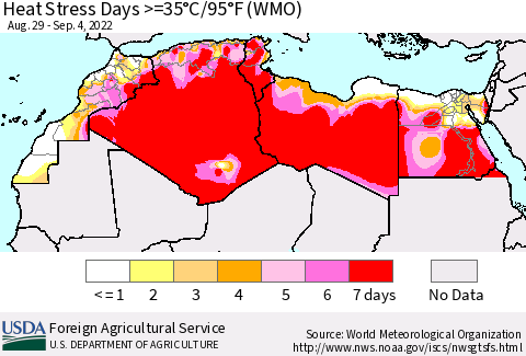North Africa Heat Stress Days >=35°C/95°F (WMO) Thematic Map For 8/29/2022 - 9/4/2022