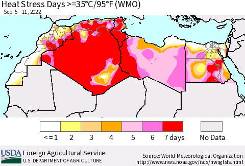 North Africa Heat Stress Days >=35°C/95°F (WMO) Thematic Map For 9/5/2022 - 9/11/2022
