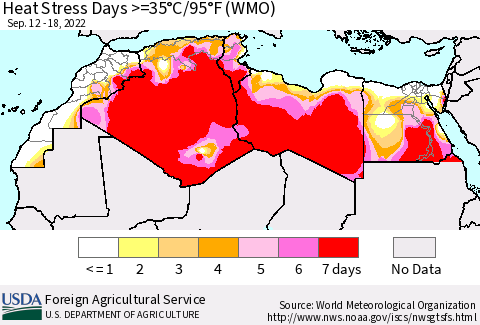 North Africa Heat Stress Days >=35°C/95°F (WMO) Thematic Map For 9/12/2022 - 9/18/2022