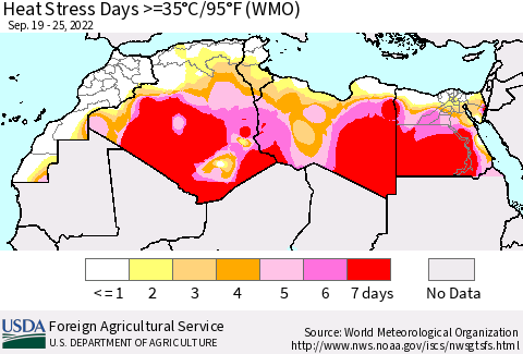 North Africa Heat Stress Days >=35°C/95°F (WMO) Thematic Map For 9/19/2022 - 9/25/2022