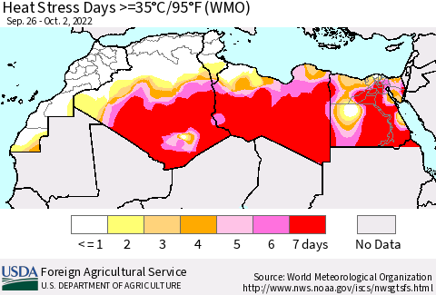 North Africa Heat Stress Days >=35°C/95°F (WMO) Thematic Map For 9/26/2022 - 10/2/2022