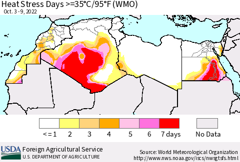 North Africa Heat Stress Days >=35°C/95°F (WMO) Thematic Map For 10/3/2022 - 10/9/2022
