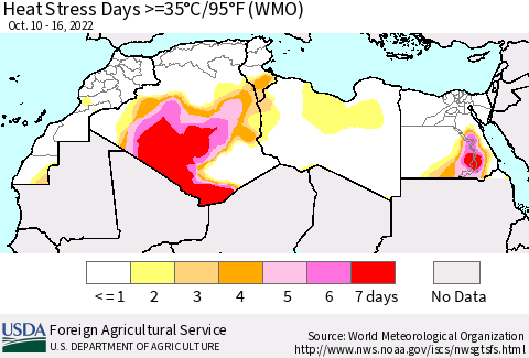 North Africa Heat Stress Days >=35°C/95°F (WMO) Thematic Map For 10/10/2022 - 10/16/2022