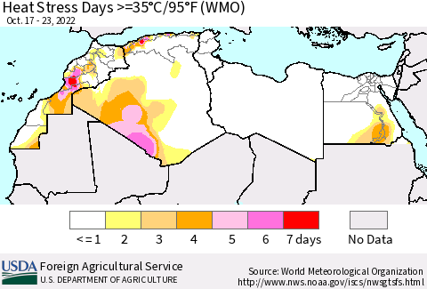 North Africa Heat Stress Days >=35°C/95°F (WMO) Thematic Map For 10/17/2022 - 10/23/2022