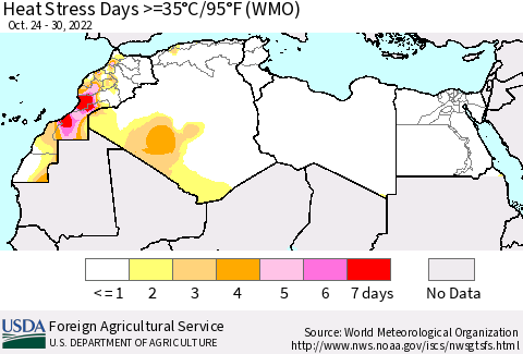 North Africa Heat Stress Days >=35°C/95°F (WMO) Thematic Map For 10/24/2022 - 10/30/2022