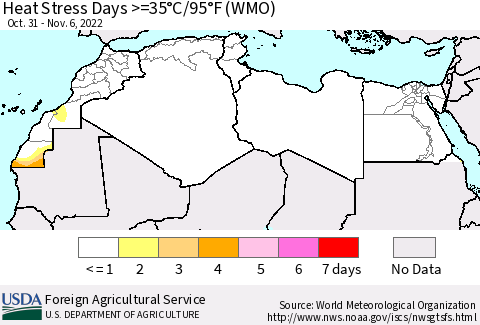 North Africa Heat Stress Days >=35°C/95°F (WMO) Thematic Map For 10/31/2022 - 11/6/2022