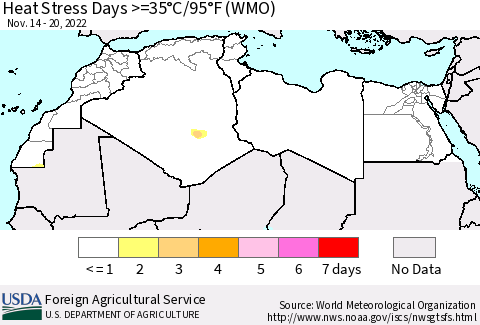 North Africa Heat Stress Days >=35°C/95°F (WMO) Thematic Map For 11/14/2022 - 11/20/2022
