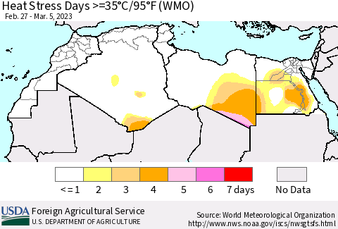 North Africa Heat Stress Days >=35°C/95°F (WMO) Thematic Map For 2/27/2023 - 3/5/2023