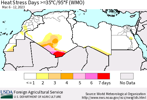 North Africa Heat Stress Days >=35°C/95°F (WMO) Thematic Map For 3/6/2023 - 3/12/2023