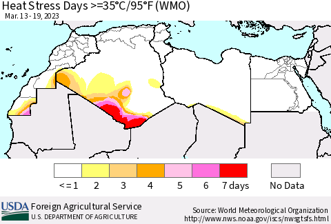 North Africa Heat Stress Days >=35°C/95°F (WMO) Thematic Map For 3/13/2023 - 3/19/2023