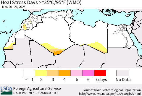 North Africa Heat Stress Days >=35°C/95°F (WMO) Thematic Map For 3/20/2023 - 3/26/2023