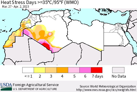 North Africa Heat Stress Days >=35°C/95°F (WMO) Thematic Map For 3/27/2023 - 4/2/2023
