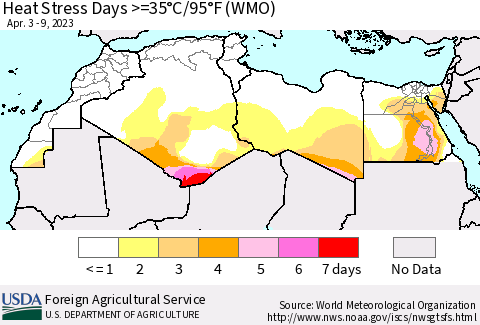 North Africa Heat Stress Days >=35°C/95°F (WMO) Thematic Map For 4/3/2023 - 4/9/2023