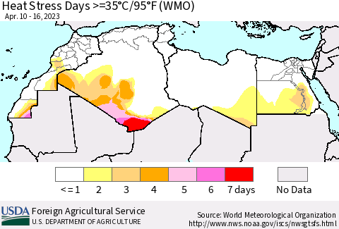 North Africa Heat Stress Days >=35°C/95°F (WMO) Thematic Map For 4/10/2023 - 4/16/2023
