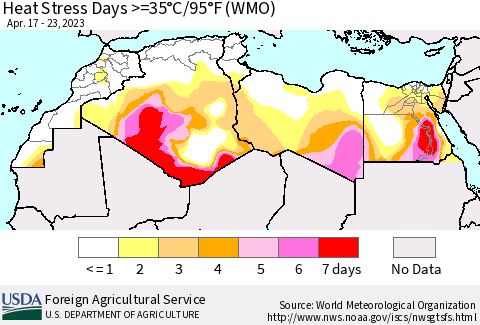 North Africa Heat Stress Days >=35°C/95°F (WMO) Thematic Map For 4/17/2023 - 4/23/2023