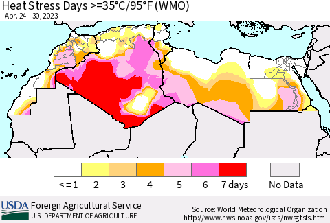 North Africa Heat Stress Days >=35°C/95°F (WMO) Thematic Map For 4/24/2023 - 4/30/2023