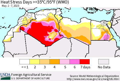 North Africa Heat Stress Days >=35°C/95°F (WMO) Thematic Map For 5/1/2023 - 5/7/2023