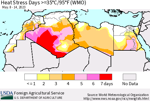 North Africa Heat Stress Days >=35°C/95°F (WMO) Thematic Map For 5/8/2023 - 5/14/2023