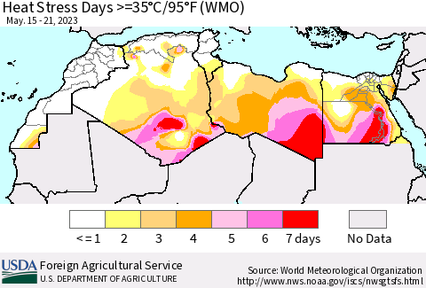 North Africa Heat Stress Days >=35°C/95°F (WMO) Thematic Map For 5/15/2023 - 5/21/2023