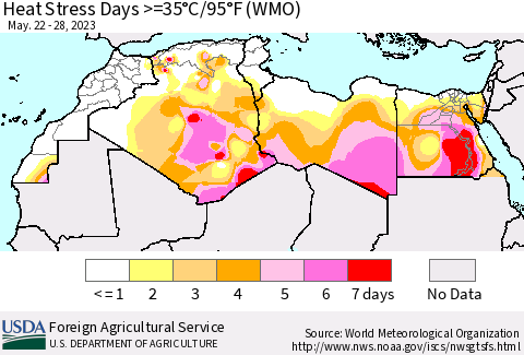 North Africa Heat Stress Days >=35°C/95°F (WMO) Thematic Map For 5/22/2023 - 5/28/2023