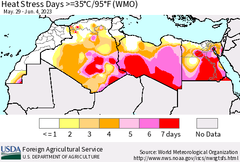North Africa Heat Stress Days >=35°C/95°F (WMO) Thematic Map For 5/29/2023 - 6/4/2023