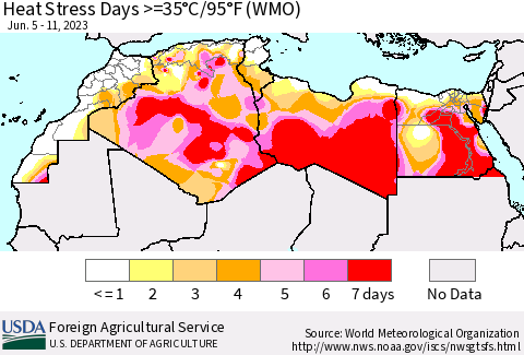 North Africa Heat Stress Days >=35°C/95°F (WMO) Thematic Map For 6/5/2023 - 6/11/2023