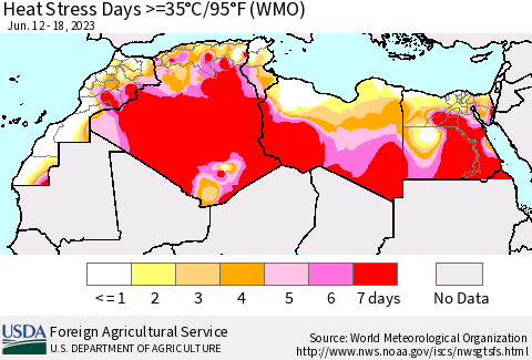 North Africa Heat Stress Days >=35°C/95°F (WMO) Thematic Map For 6/12/2023 - 6/18/2023