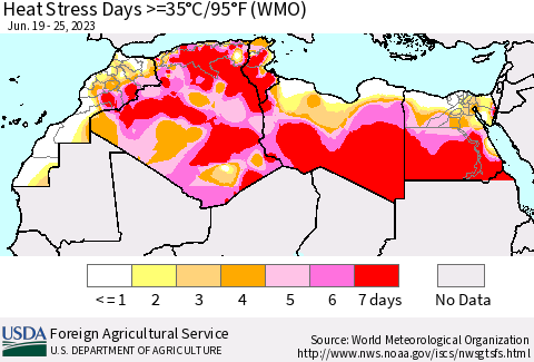North Africa Heat Stress Days >=35°C/95°F (WMO) Thematic Map For 6/19/2023 - 6/25/2023