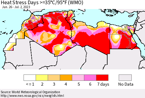 North Africa Heat Stress Days >=35°C/95°F (WMO) Thematic Map For 6/26/2023 - 7/2/2023