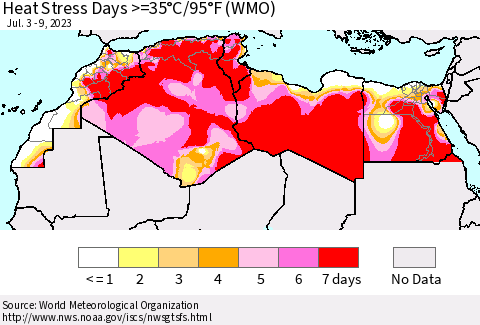 North Africa Heat Stress Days >=35°C/95°F (WMO) Thematic Map For 7/3/2023 - 7/9/2023