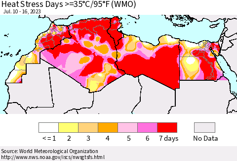 North Africa Heat Stress Days >=35°C/95°F (WMO) Thematic Map For 7/10/2023 - 7/16/2023