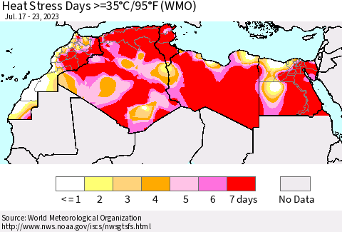North Africa Heat Stress Days >=35°C/95°F (WMO) Thematic Map For 7/17/2023 - 7/23/2023