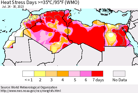 North Africa Heat Stress Days >=35°C/95°F (WMO) Thematic Map For 7/24/2023 - 7/30/2023