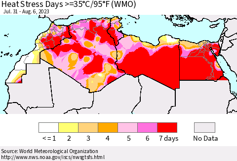 North Africa Heat Stress Days >=35°C/95°F (WMO) Thematic Map For 7/31/2023 - 8/6/2023