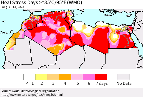 North Africa Heat Stress Days >=35°C/95°F (WMO) Thematic Map For 8/7/2023 - 8/13/2023